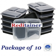 Reditainer 3-Compartment Microwave Safe Food Container with Lid/Divided Plate/Lunch Tray with Cover, Black, 10-Pack